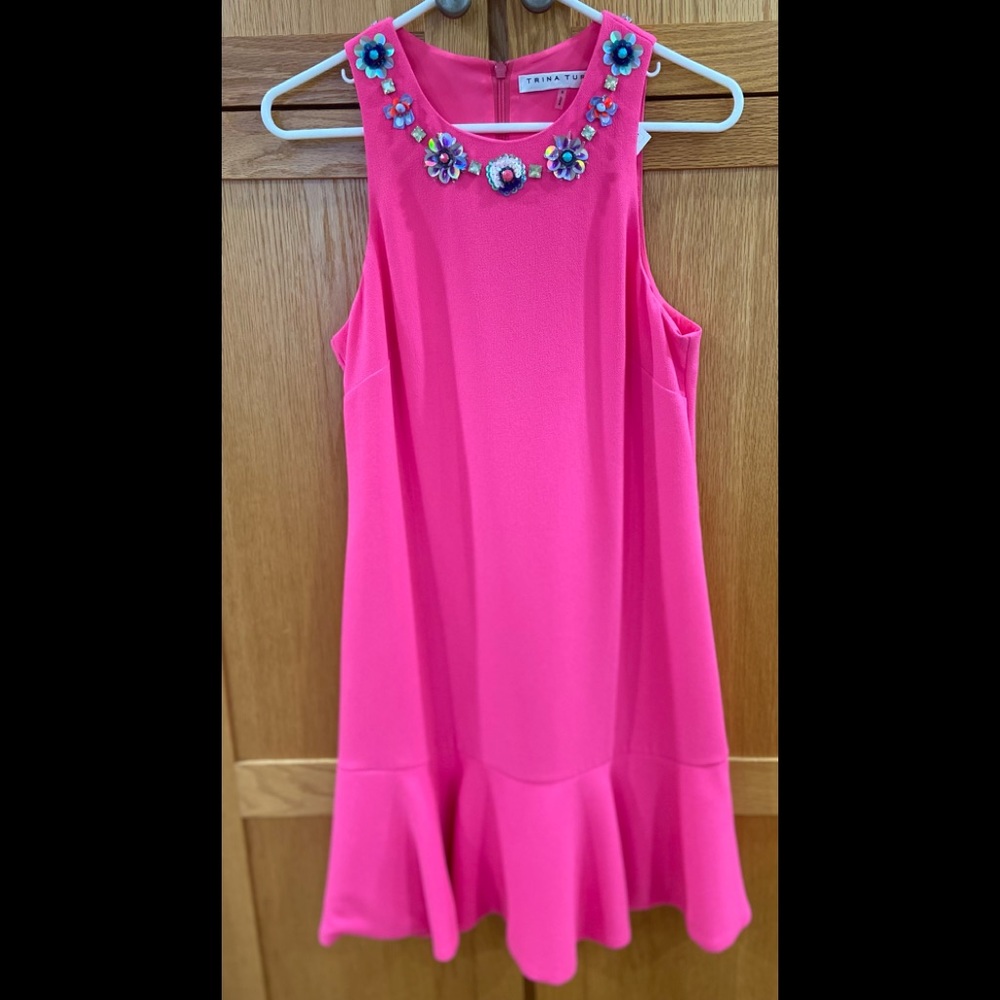 Trina Turk beaded neckline flamingo pink dress. Lined, invisible zipper. NWT.